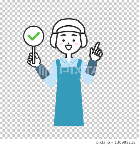一位戴著衛生帽和圍裙的婦女拿著一個複選標記的插圖 一位戴著衛生帽和圍裙的婦女拿著一個複選標記的插圖 130999218