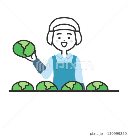 箱に入った野菜を並べる衛生帽をかぶってエプロンを付けた女性イラスト 130999220