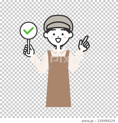 チェックマークの札を持つ帽子をかぶってエプロンを付けた女性イラスト 130999224