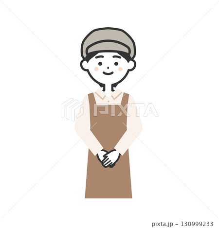 手を前で組む帽子をかぶってエプロンを付けた女性イラスト 130999233