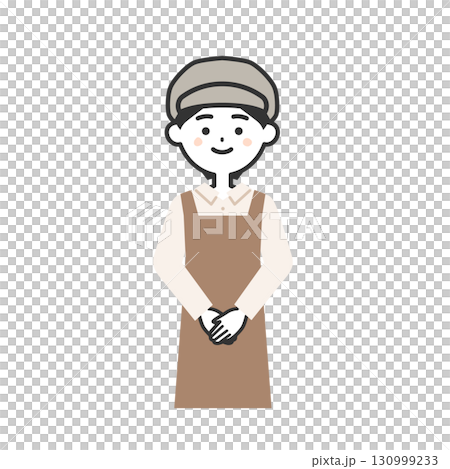 Illustration of a woman wearing a hat and an apron with her hands clasped in front of her 130999233