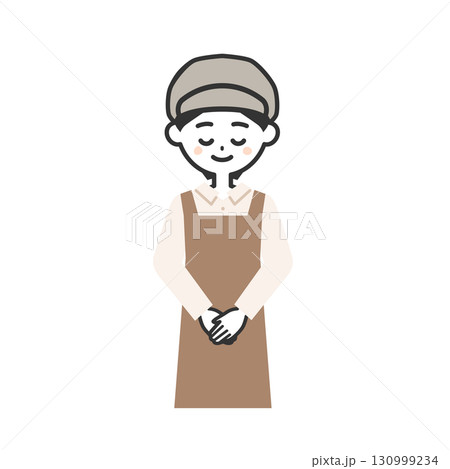 お辞儀する帽子をかぶってエプロンを付けた女性イラスト お辞儀する帽子をかぶってエプロンを付けた女性イラスト 130999234