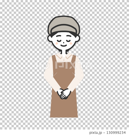 お辞儀する帽子をかぶってエプロンを付けた女性イラスト お辞儀する帽子をかぶってエプロンを付けた女性イラスト 130999234