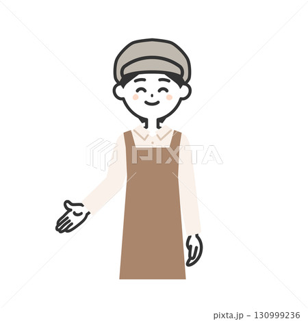 手で下のほうを指す帽子をかぶってエプロンを付けた女性イラスト 130999236