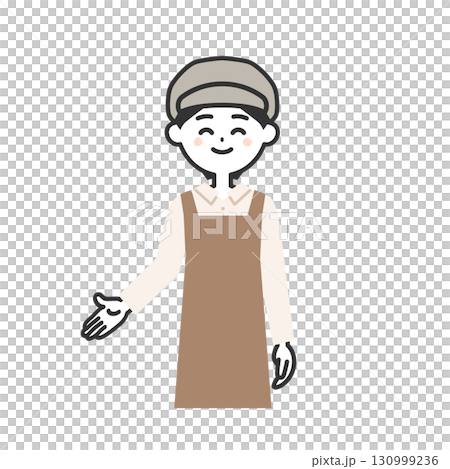 手で下のほうを指す帽子をかぶってエプロンを付けた女性イラスト 130999236