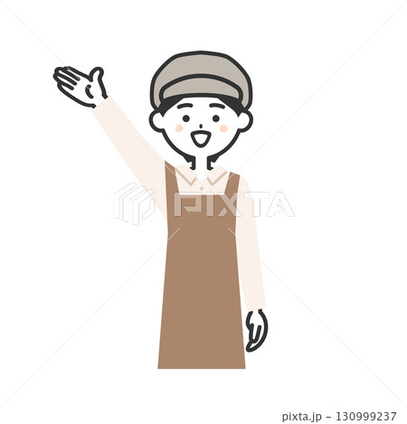 手で上のほうを指す帽子をかぶってエプロンを付けた女性イラスト 130999237