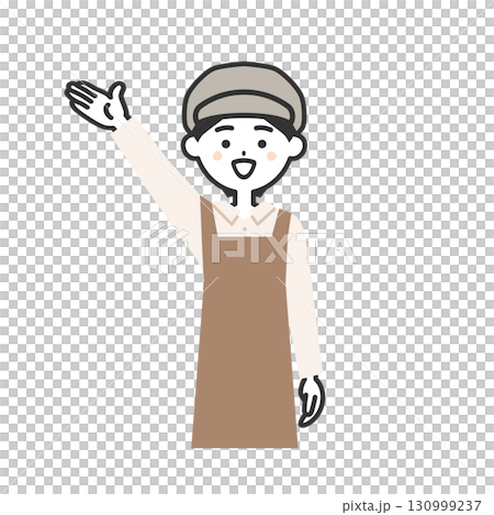 手で上のほうを指す帽子をかぶってエプロンを付けた女性イラスト 130999237