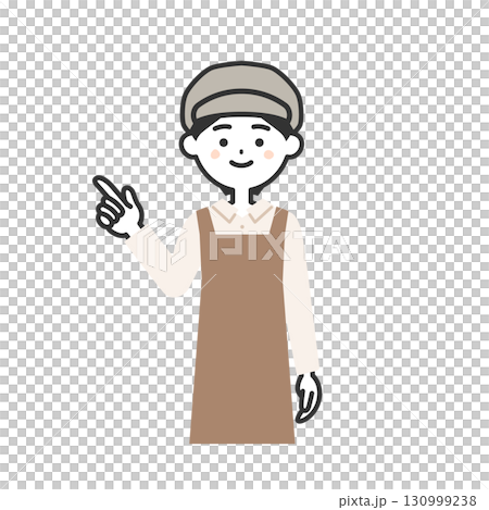 Illustration of a woman wearing a hat and an apron pointing Illustration of a woman wearing a hat and an apron pointing 130999238