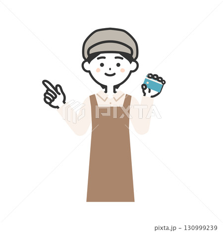 カードを持って指を立てる帽子をかぶってエプロンを付けた女性イラスト カードを持って指を立てる帽子をかぶってエプロンを付けた女性イラスト 130999239