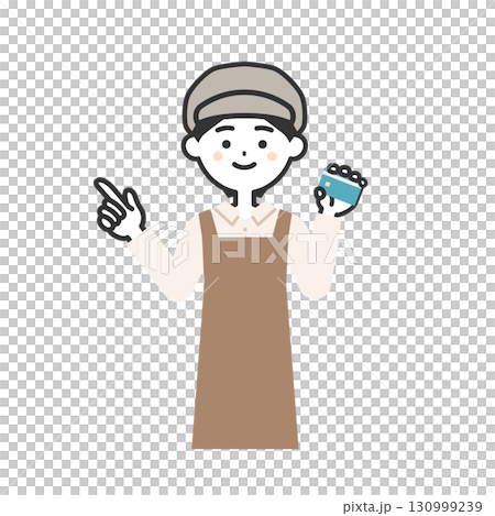 Illustration of a woman wearing a hat and apron holding a card and pointing up Illustration of a woman wearing a hat and apron holding a card and pointing up 130999239