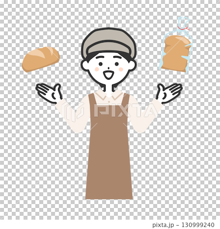 一位戴著帽子和圍裙的女人正在比較麵包的插圖 130999240
