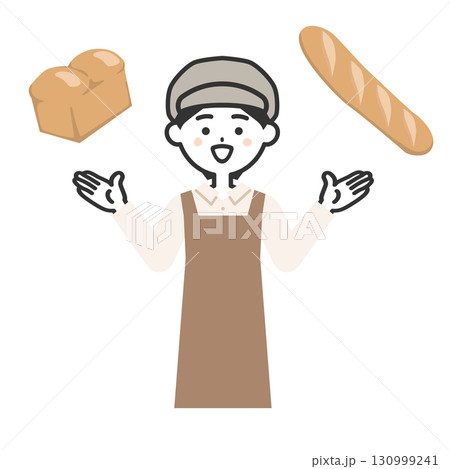 パンを比較する帽子をかぶってエプロンを付けた女性イラスト 130999241
