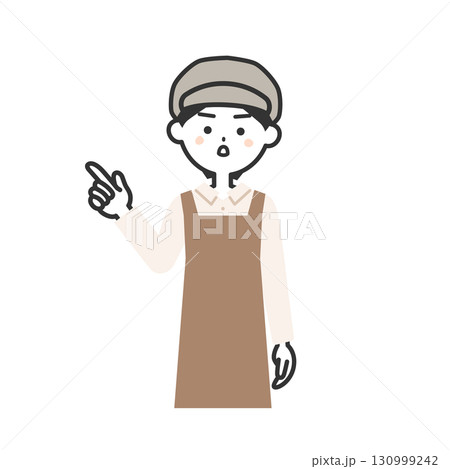真剣な表情で指をさす帽子をかぶってエプロンを付けた女性イラスト 130999242