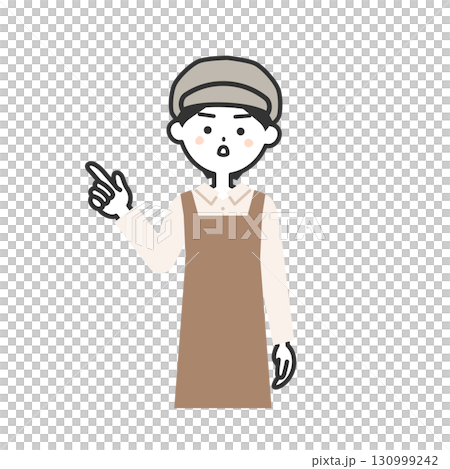 真剣な表情で指をさす帽子をかぶってエプロンを付けた女性イラスト 130999242