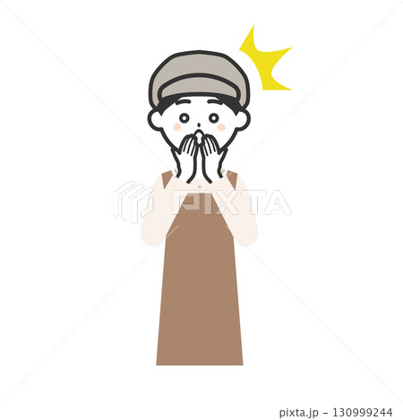 手を口に当てて驚く帽子をかぶってエプロンを付けた女性イラスト 130999244