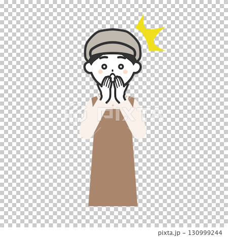 一位戴著帽子和圍裙的女人驚訝地用手摀住嘴的插圖 130999244