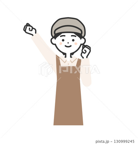 こぶしを突き上げる帽子をかぶってエプロンを付けた女性イラスト こぶしを突き上げる帽子をかぶってエプロンを付けた女性イラスト 130999245