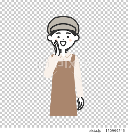 一位戴著帽子和圍裙的女人用手摀住嘴巴打電話的插圖 130999246
