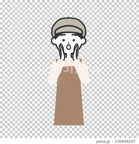 一位戴著帽子和圍裙的女人用手摀住嘴巴打電話的插圖 130999247