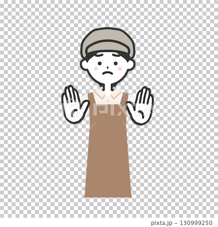 Illustration of a woman wearing a hat and apron holding something back with both hands 130999250
