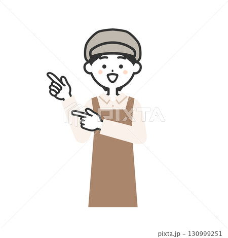 両手で指さす帽子をかぶってエプロンを付けた女性イラスト 130999251