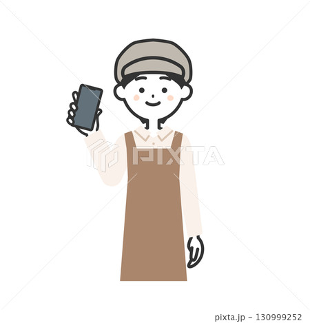 スマホを持つ帽子をかぶってエプロンを付けた女性イラスト スマホを持つ帽子をかぶってエプロンを付けた女性イラスト 130999252