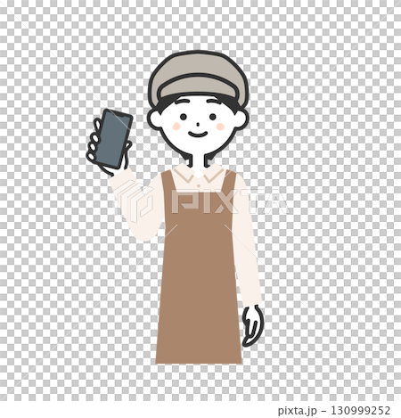 一位戴著帽子和圍裙、手裡拿著智慧型手機的女士的插圖 一位戴著帽子和圍裙、手裡拿著智慧型手機的女士的插圖 130999252