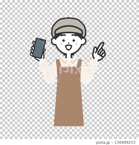 一位戴著帽子和圍裙的女人拿著智慧型手機並指向上方的插圖 一位戴著帽子和圍裙的女人拿著智慧型手機並指向上方的插圖 130999253
