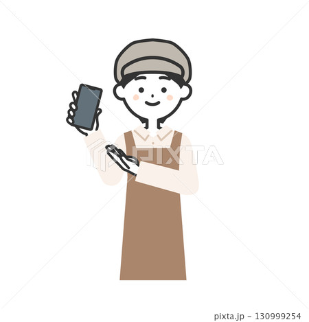 持ったスマホを指す帽子をかぶってエプロンを付けた女性イラスト 130999254