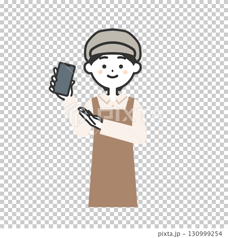 一位戴著帽子和圍裙的女士指著她的智慧型手機的插圖 130999254