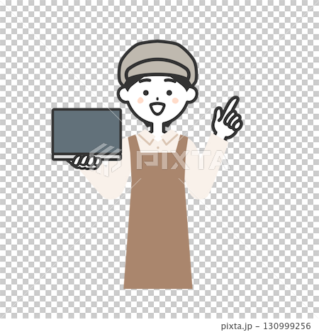 一位戴著帽子和圍裙、手裡拿著筆記型電腦的女士的插圖 130999256