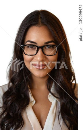 A Latina leader with sleek hair and bold glasses, her confident expression illuminated by golden light beams, symbolizing creativity, determination 130999476