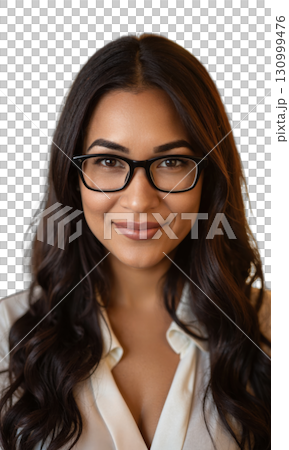 A Latina leader with sleek hair and bold glasses, her confident expression illuminated by golden light beams, symbolizing creativity, determination 130999476