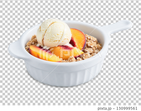 Peach Crisp Fresh, juicy peaches baked with a crumbly topping made of oats, brown sugar, and butter. This dessert is 130999561