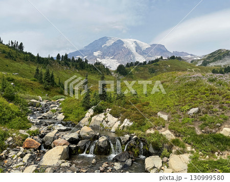 マートル川とレーニア山、マウンレーニア国立公園、8月下旬撮影 130999580