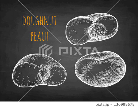 Whole and halved donut peach chalk sketches. 130999679