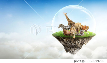 Concept Nature reserve conserve Wildlife reserve tiger Giraffe Global warming Ecology, fantasy island with wild animals floating in the sky. 130999705