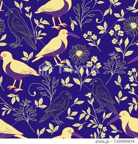 Eurasian Oyster Catcher and Northern Goshawk seamless vector pattern, hand drawn birds background. Vector illustration 130999934