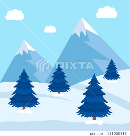 Winter Mountain Landscape with Snowy Trees Vector Illustration. Perfect for holiday designs, winter backgrounds, nature themed projects or seasonal decorations. 131000518