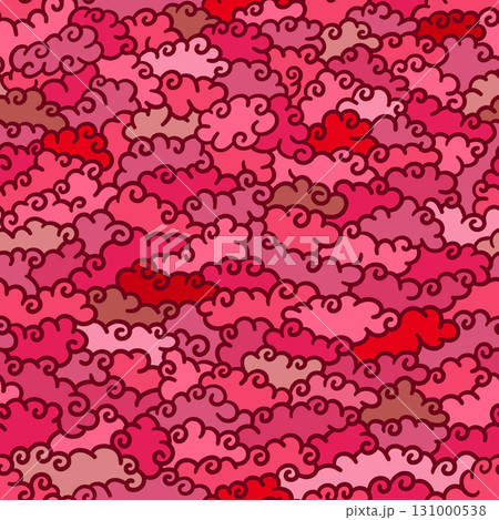 Vector seamless pattern with hand drawn Asian cloud motifs in red, pink and beige shades, outlined in burgundy, perfect for silk scarves, fashion lining, accent packaging and statement textile designs Vector seamless pattern with hand drawn Asian cloud motifs in red, pink and beige shades, outlined in burgundy, perfect for silk scarves, fashion lining, accent packaging and statement textile designs 131000538