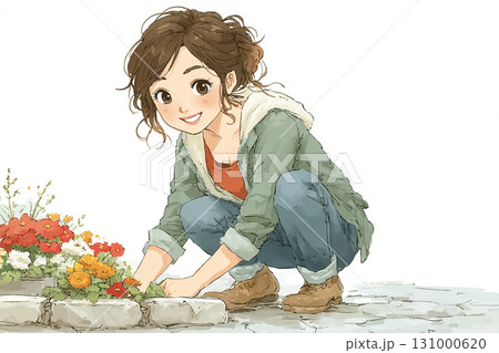 美優シリーズ：地域の花壇に色とりどりの花を植える美優 131000620
