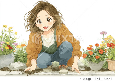 美優シリーズ：地域の花壇に色とりどりの花を植える美優 131000621