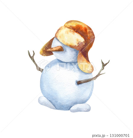 Snowman in hat with earflaps. Winter snow man character with carrot and sticks. Hand drawn clip art isolated from background. New Year, Christmas card, holiday decoration, frozen product packaging Snowman in hat with earflaps. Winter snow man character with carrot and sticks. Hand drawn clip art isolated from background. New Year, Christmas card, holiday decoration, frozen product packaging 131000701