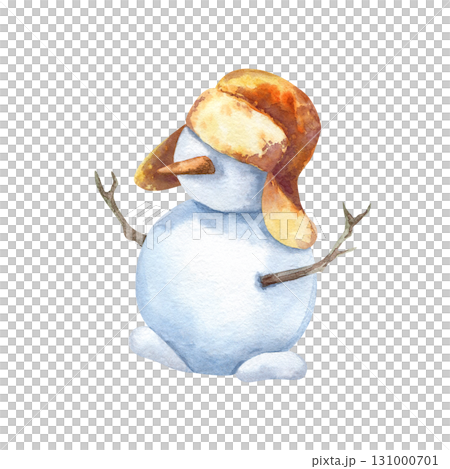 Snowman in hat with earflaps. Winter snow man character with carrot and sticks. Hand drawn clip art isolated from background. New Year, Christmas card, holiday decoration, frozen product packaging Snowman in hat with earflaps. Winter snow man character with carrot and sticks. Hand drawn clip art isolated from background. New Year, Christmas card, holiday decoration, frozen product packaging 131000701
