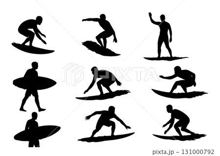 サーフィンを楽しむ人々のシルエットセット 131000792