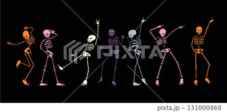 Halloween disco party skeletons dancing with funky vibe. Perfect for designers, event planners, and brands creating spooky festive posters, decorations, and party visuals. 131000868