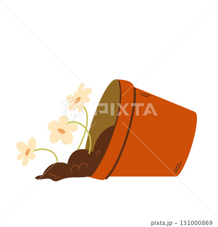 Illustration of a lying pot with flowers in a garden 131000869