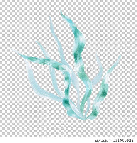 A bush of green, long seaweed leaves. Isolated watercolor painting of underwater plants for children's prints, clothing, and interior design for themed parties and children's rooms. 131000922