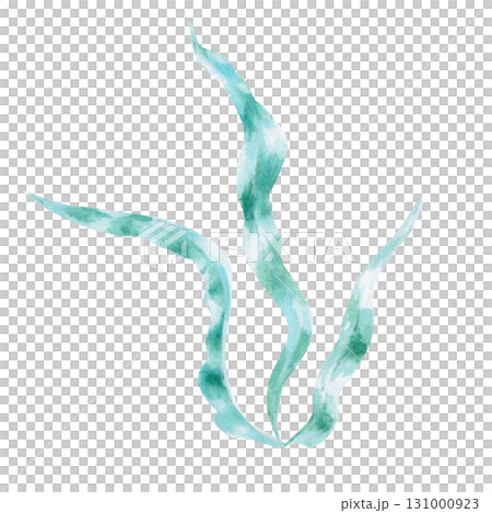 Green long seaweed leaves. Isolated watercolor underwater plant illustrations for children's prints, clothing printing, and interior design for themed parties and children's rooms. 131000923