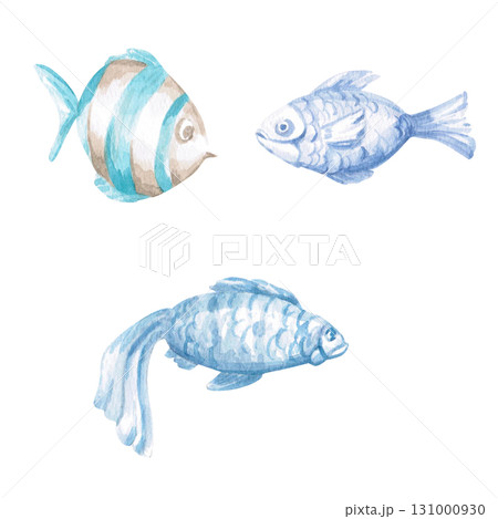 A set of three fish. Isolated watercolor illustrations of underwater creatures for children's prints, clothing, and interior design for themed parties and children's rooms. 131000930